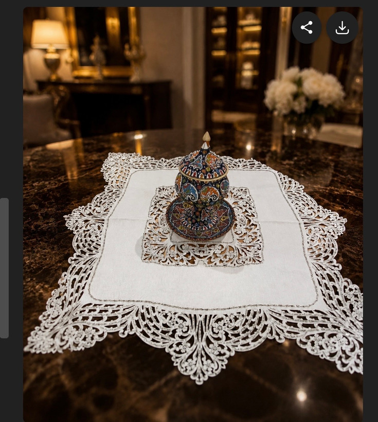 رومیزی مخمل مروارید دوزی شیری یک دریک