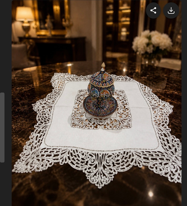 رومیزی مخمل مروارید دوزی شیری یک دریک
